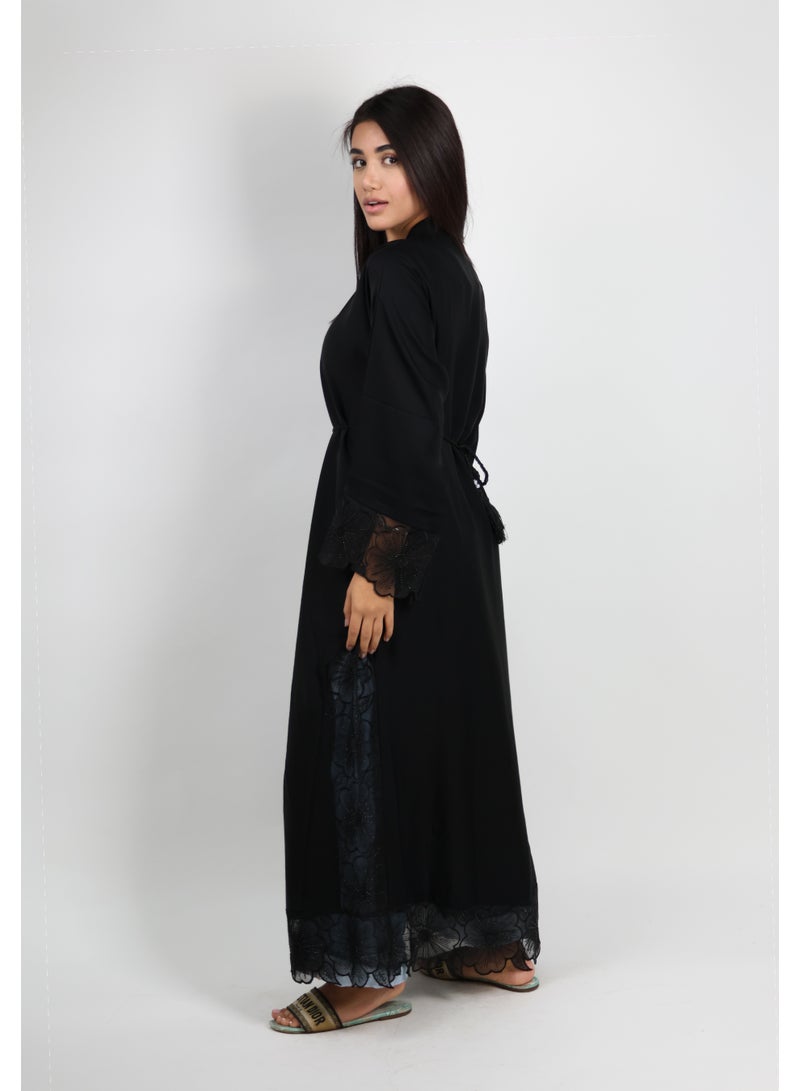 JAMEELA Jet Black Open Abaya With Floral Lace Sleeve 3 pieces Set - Image 4