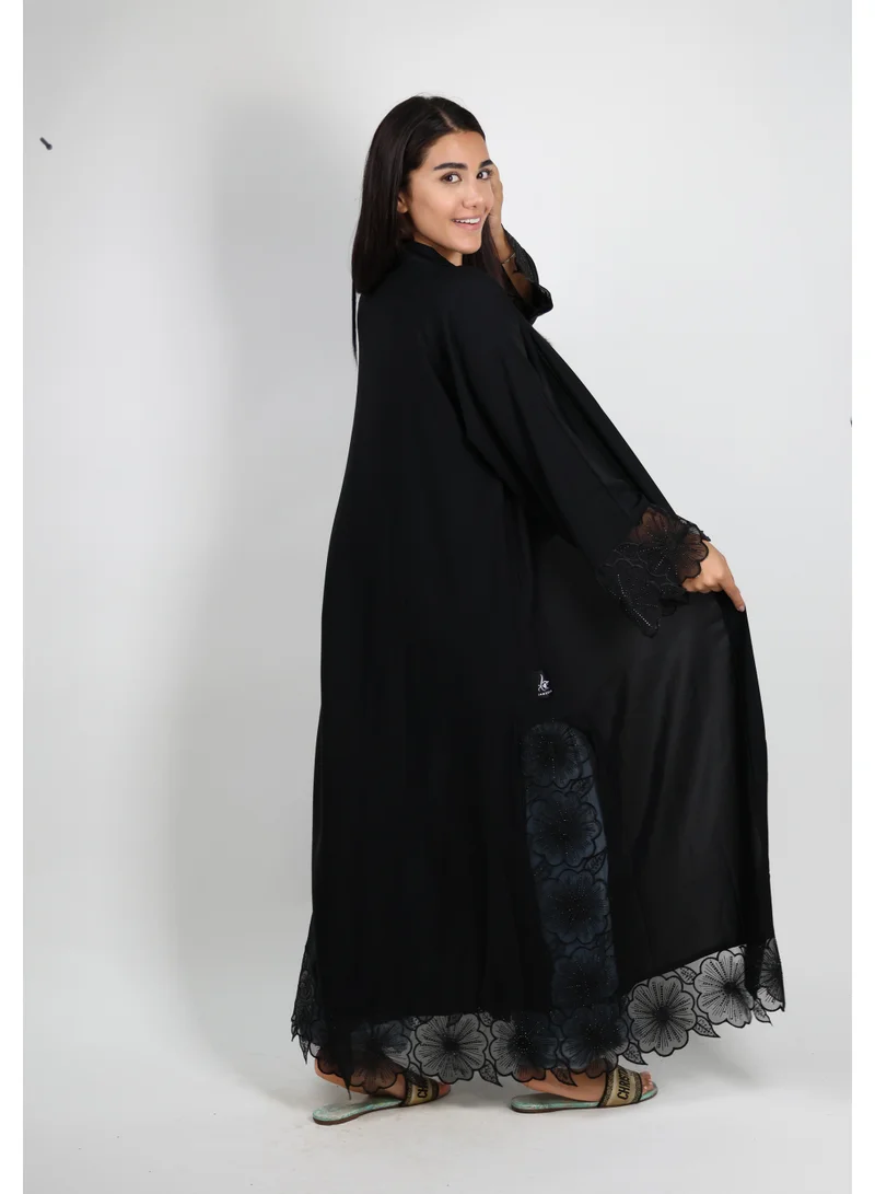 JAMEELA  Jet Black Open Abaya With Floral Lace Sleeve 3 pieces Set for Women | Best Price UAE
