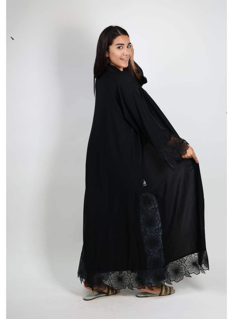 JAMEELA Jet Black Open Abaya With Floral Lace Sleeve 3 pieces Set - Image 3