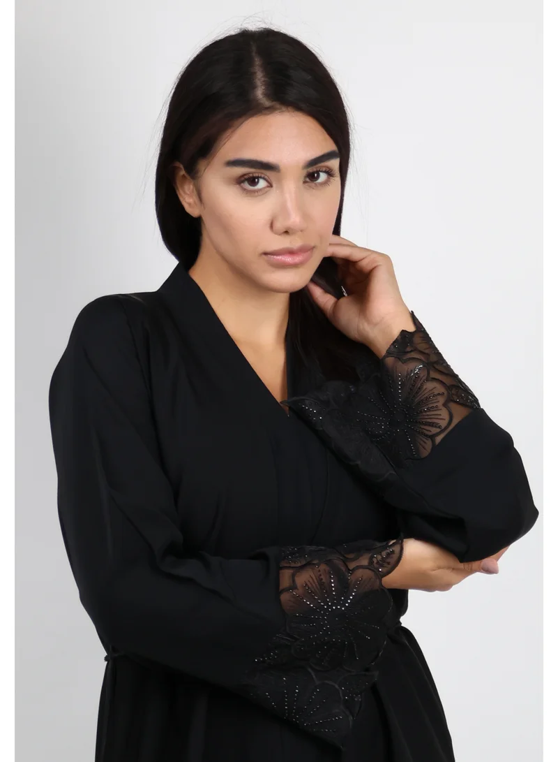 JAMEELA  Jet Black Open Abaya With Floral Lace Sleeve 3 pieces Set for Women | Best Price UAE