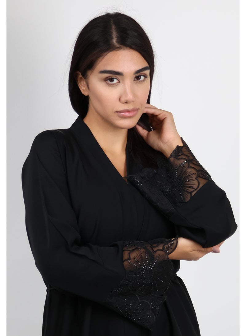 JAMEELA Jet Black Open Abaya With Floral Lace Sleeve 3 pieces Set - Image 5