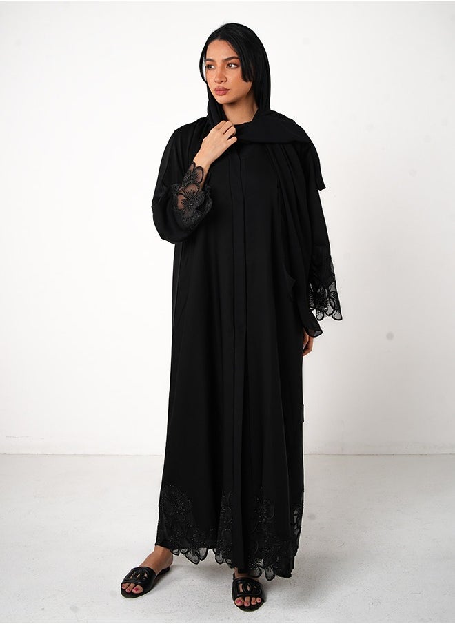 JAMEELA Jet Black Open Abaya With Floral Lace Sleeve 3 pieces Set  - Image 1