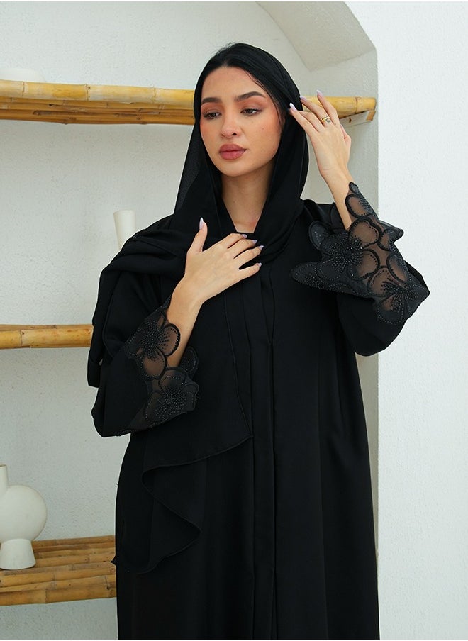 JAMEELA Jet Black Open Abaya With Floral Lace Sleeve 3 pieces Set  - Image 2