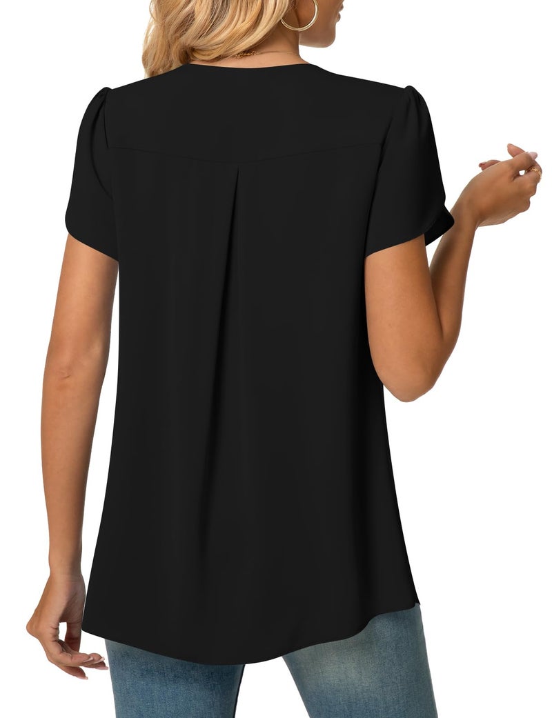 Anyally Women's Summer Tunic Tops Dressy Casual Chiffon Blouses Plus Size Short Sleeve T-Shirts for Leggings, 2XL Black - Image 3
