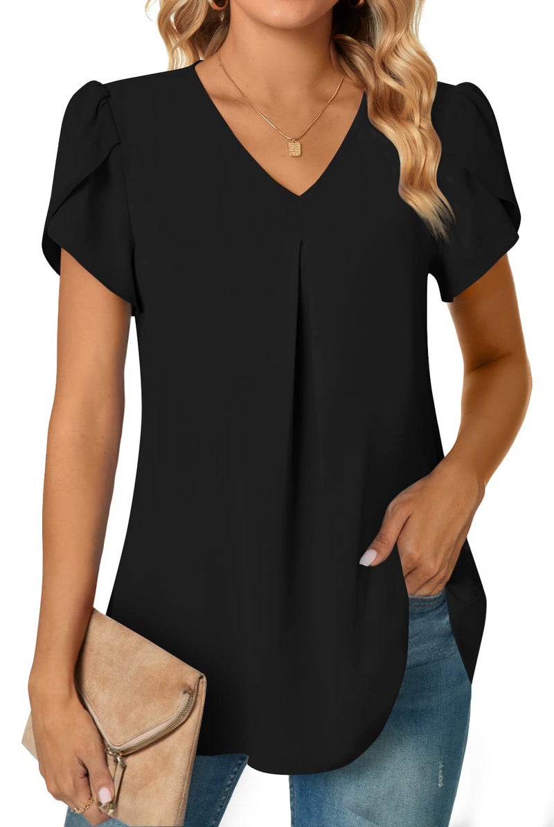 Anyally Women's Summer Tunic Tops Dressy Casual Chiffon Blouses Plus Size Short Sleeve T-Shirts for Leggings, 2XL Black - Image 1