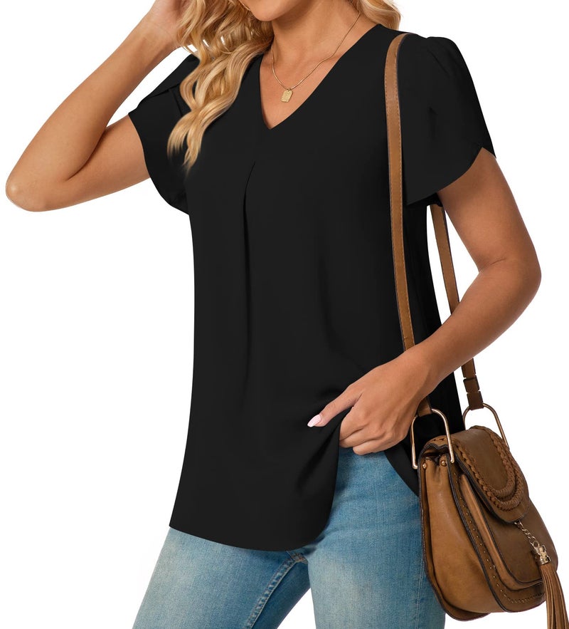 Anyally Women's Summer Tunic Tops Dressy Casual Chiffon Blouses Plus Size Short Sleeve T-Shirts for Leggings, 2XL Black - Image 2
