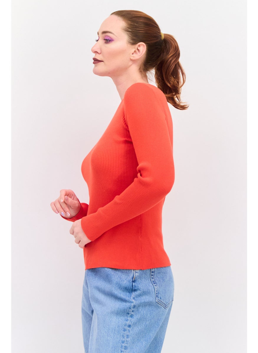ESPRIT Women Crew Neck Long Sleeve Textured Sweater, Orange  - Image 2