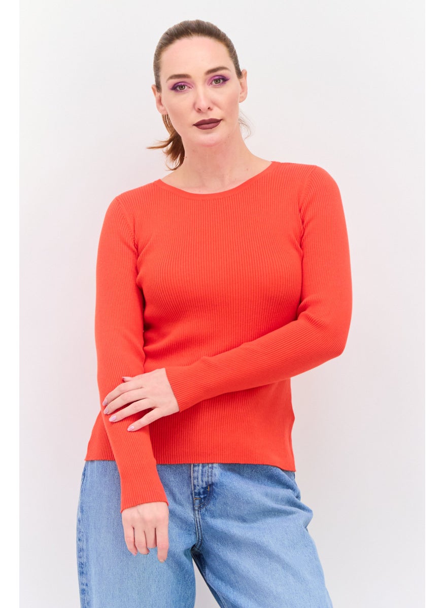 ESPRIT Women Crew Neck Long Sleeve Textured Sweater, Orange  - Image 1