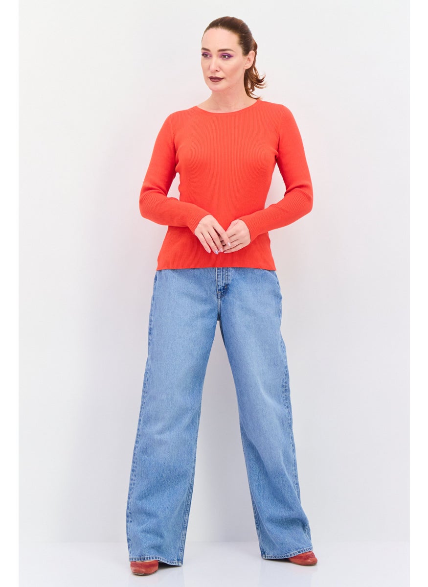 ESPRIT Women Crew Neck Long Sleeve Textured Sweater, Orange  - Image 4