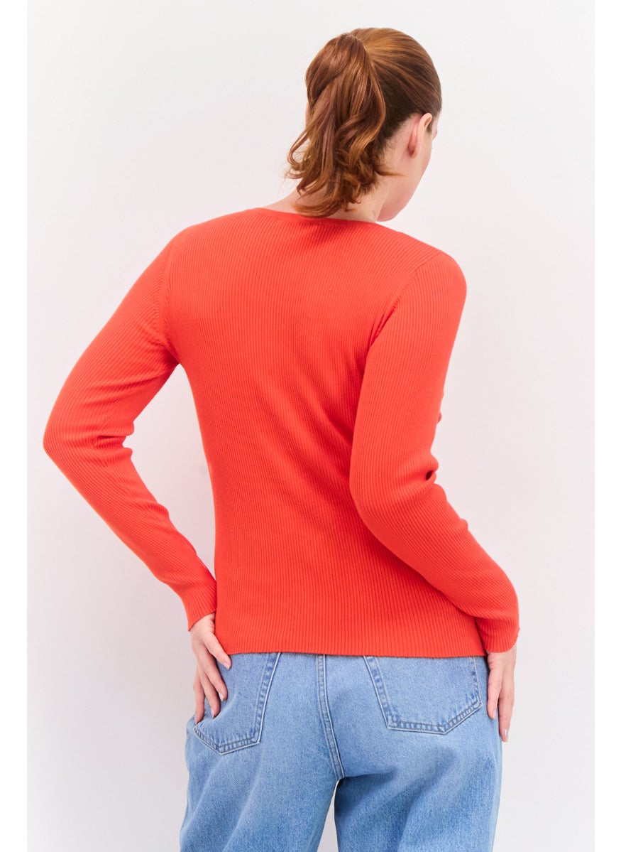 ESPRIT Women Crew Neck Long Sleeve Textured Sweater, Orange  - Image 3