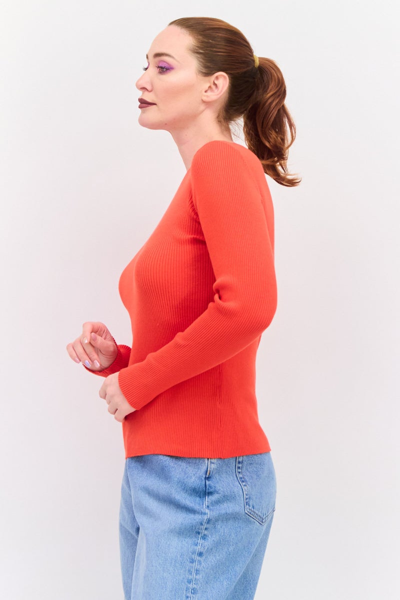 ESPRIT Women Crew Neck Long Sleeve Textured Sweater, Orange - Image 4
