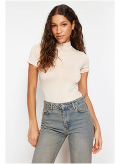 trendyol Stone Zipper Standing Collar Zippered Short Sleeves, Flexible Knitted Body TWOAW21BD0009  - Image 2