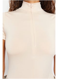 trendyol Stone Zipper Standing Collar Zippered Short Sleeves, Flexible Knitted Body TWOAW21BD0009  - Image 5