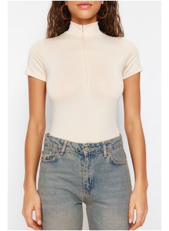 trendyol Stone Zipper Standing Collar Zippered Short Sleeves, Flexible Knitted Body TWOAW21BD0009  - Image 4