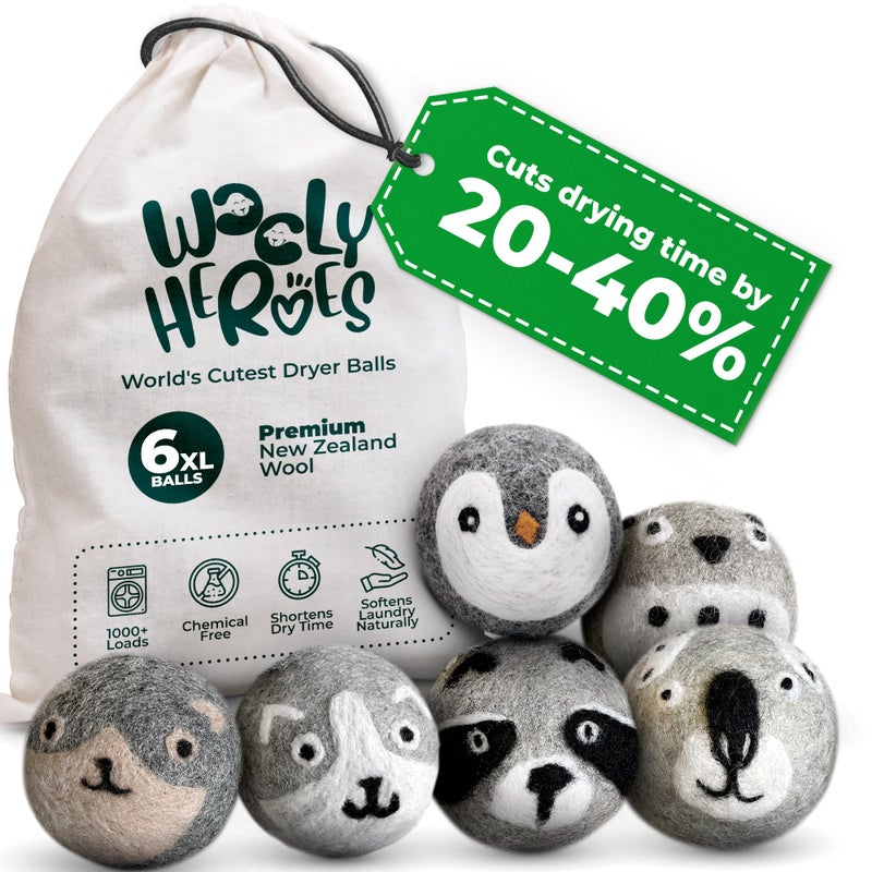 WOOLY HEROES No More Dryer Sheets! Reusable Wool Dryer Balls XL 6-Pack - Reduces Static, Cuts Dry Time, & Softens Naturally - Image 1