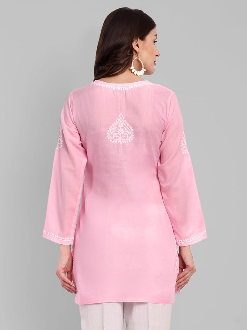 Ada Hand Embroidered Lucknowi Chikankari Cotton Straight Short Top Kurti for Women A911345 Powder Pink (L) - Image 2