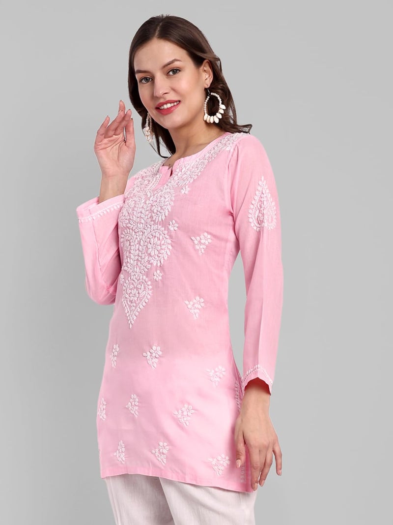 Ada Hand Embroidered Lucknowi Chikankari Cotton Straight Short Top Kurti for Women A911345 Powder Pink (L) - Image 4