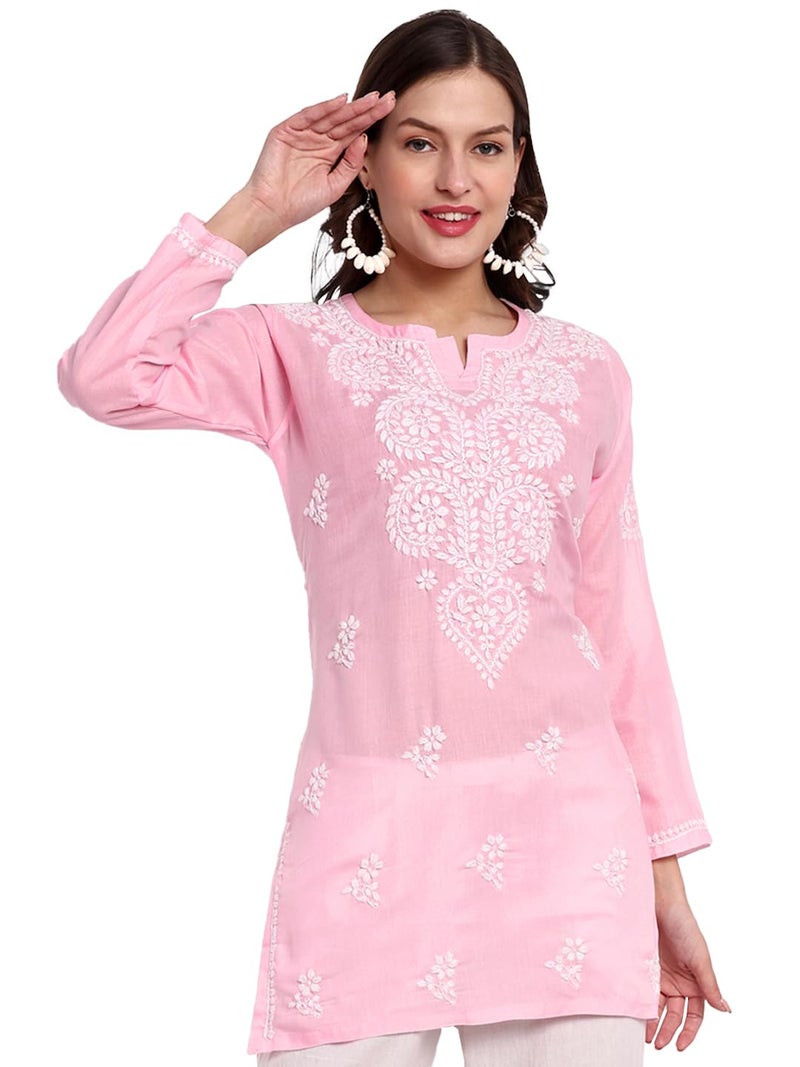 Ada Hand Embroidered Lucknowi Chikankari Cotton Straight Short Top Kurti for Women A911345 Powder Pink (L) - Image 1
