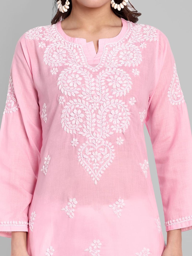 Ada Hand Embroidered Lucknowi Chikankari Cotton Straight Short Top Kurti for Women A911345 Powder Pink (L) - Image 5