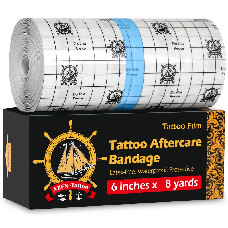 AZEN Tattoo Aftercare Bandage, 6"x 8 Yard, Waterproof Second Skin Cover up Tape, Healing Wrap, Tattoo Supplies - Image 1