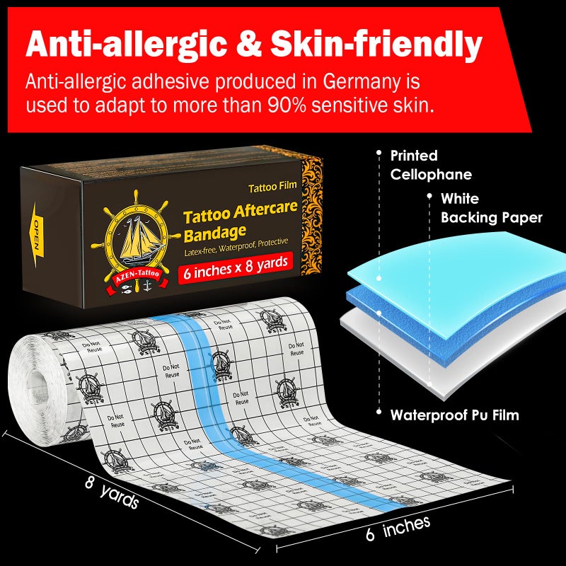 AZEN Tattoo Aftercare Bandage, 6"x 8 Yard, Waterproof Second Skin Cover up Tape, Healing Wrap, Tattoo Supplies - Image 2