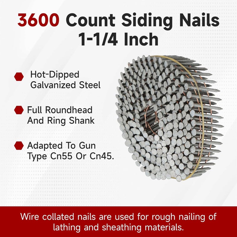 findmall 3600 Count Siding Nails 1-1/4 Inch by .092 Inch 15 Degree Ring Shank Hot-Dipped Galvanized Collated Wire Coil. Adapted to Gun Type CN55 or CN45 - Image 3