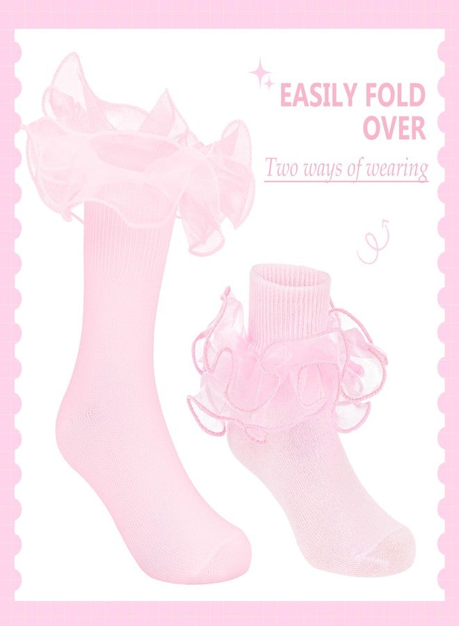 زاندو جوارب زاندو للبنات بكشكشة، مقاس 8-10 سنوات، جوارب ناعمة ومريحة، جوارب أنيقة للفساتين، جوارب دانتيل للكاحل، جوارب دانتيل مزدوجة كبيرة بحافة قابلة للطي، متوفرة باللون الوردي/الأزرق/البنفسجي، مقاس 8-10 سنوات - Image 4