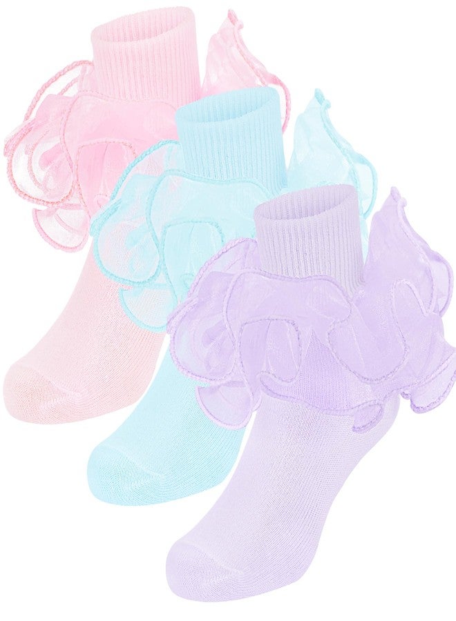 زاندو جوارب زاندو للبنات بكشكشة، مقاس 8-10 سنوات، جوارب ناعمة ومريحة، جوارب أنيقة للفساتين، جوارب دانتيل للكاحل، جوارب دانتيل مزدوجة كبيرة بحافة قابلة للطي، متوفرة باللون الوردي/الأزرق/البنفسجي، مقاس 8-10 سنوات - Image 1