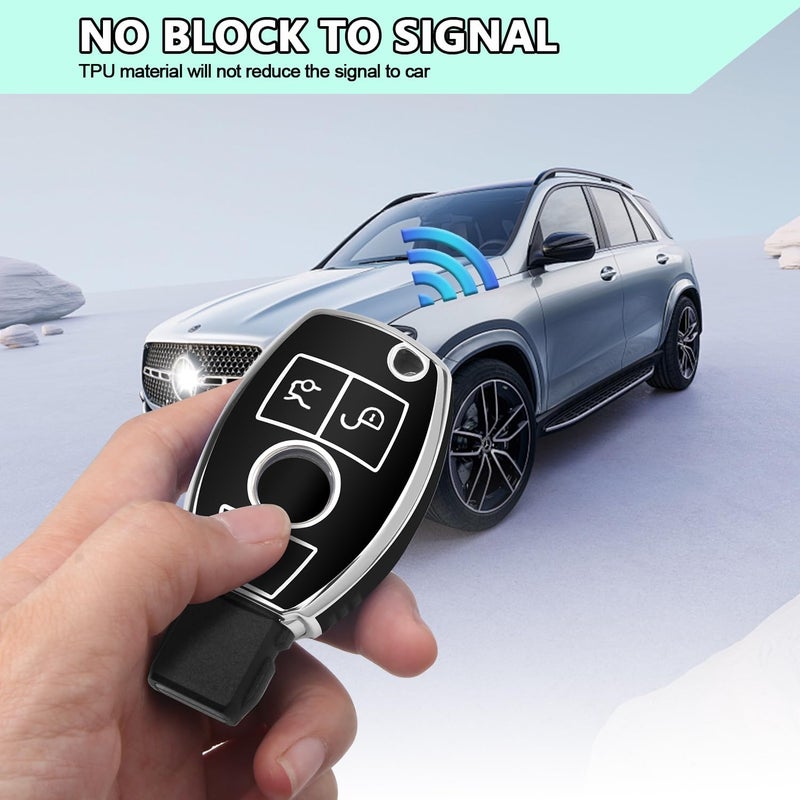 FT FUNTOR Car Key Cover for Mercedes Benz with Silver Edge - 3 Button TPU Key Shell (A-Black) - Image 3