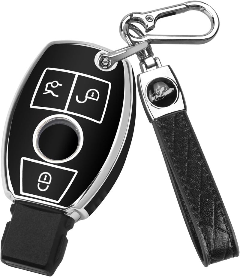 FT FUNTOR Car Key Cover for Mercedes Benz with Silver Edge - 3 Button TPU Key Shell (A-Black) - Image 1