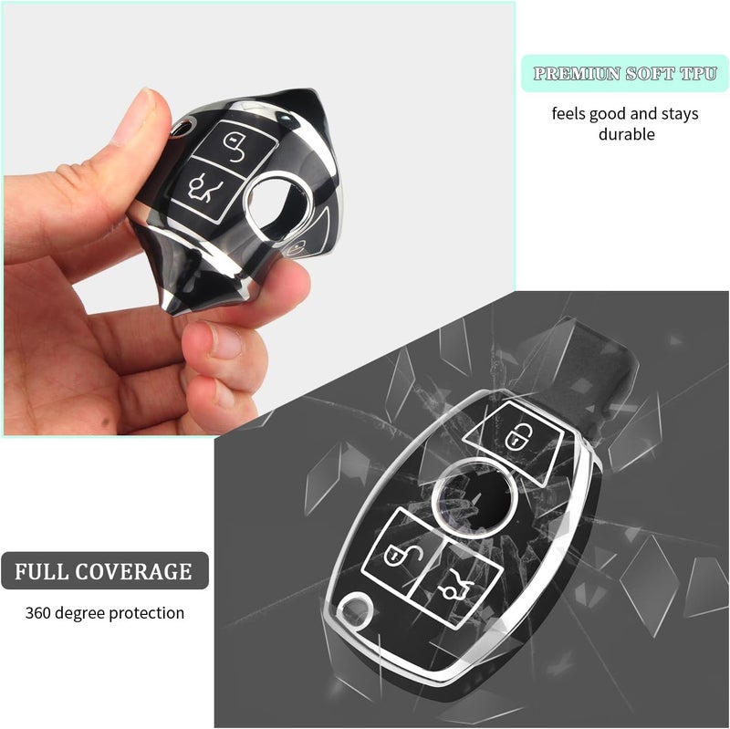FT FUNTOR Car Key Cover for Mercedes Benz with Silver Edge - 3 Button TPU Key Shell (A-Black) - Image 4