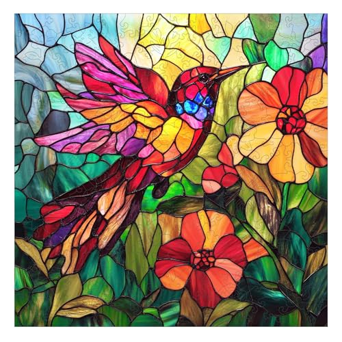 Mocfesk Wooden Puzzles for Adults Stained Glass Hummingbird Jigsaw Puzzles Mosaic Bird Flower Puzzle for Senior Challenging Family Toy Home Decor 159 x 159 in - Image 1