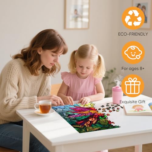 Mocfesk Wooden Puzzles for Adults Stained Glass Hummingbird Jigsaw Puzzles Mosaic Bird Flower Puzzle for Senior Challenging Family Toy Home Decor 159 x 159 in - Image 5