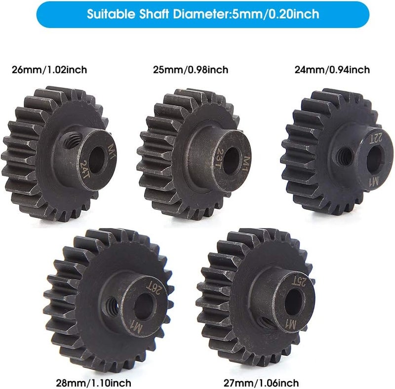 comfrt RC Car Gear, 5Pcs 22T 23T 24T 25T 26T Chrome Steel Remote Control Motor Pinion Gears Parts Set Kit 5mm Inner Hole Upgrade Parts for 1/8 RC Cars Car Model Accessories 4S Lipo Battery - Image 3