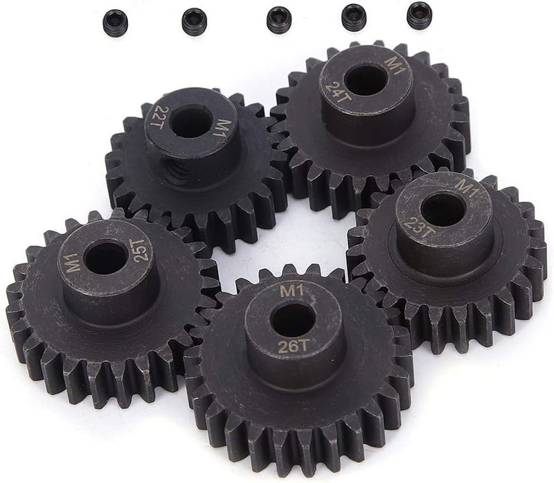 comfrt RC Car Gear, 5Pcs 22T 23T 24T 25T 26T Chrome Steel Remote Control Motor Pinion Gears Parts Set Kit 5mm Inner Hole Upgrade Parts for 1/8 RC Cars Car Model Accessories 4S Lipo Battery - Image 2