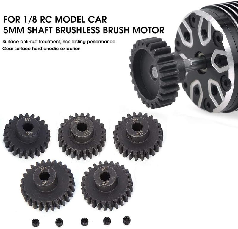 comfrt RC Car Gear, 5Pcs 22T 23T 24T 25T 26T Chrome Steel Remote Control Motor Pinion Gears Parts Set Kit 5mm Inner Hole Upgrade Parts for 1/8 RC Cars Car Model Accessories 4S Lipo Battery - Image 4