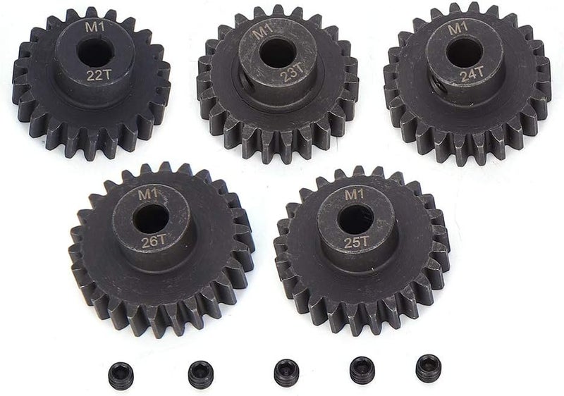 comfrt RC Car Gear, 5Pcs 22T 23T 24T 25T 26T Chrome Steel Remote Control Motor Pinion Gears Parts Set Kit 5mm Inner Hole Upgrade Parts for 1/8 RC Cars Car Model Accessories 4S Lipo Battery - Image 1