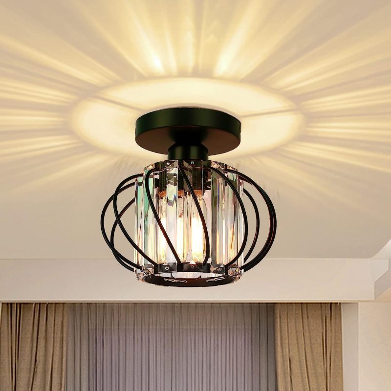 Semi Flush Mount Ceiling Light 4.72 Inch Matte Black Metal Cage with Crystal Shade - Farmhouse Industrial Small Ceiling Lamp for Hallway Kitchen Porch - Image 1