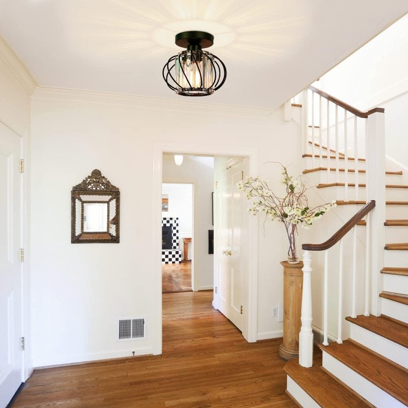 Semi Flush Mount Ceiling Light 4.72 Inch Matte Black Metal Cage with Crystal Shade - Farmhouse Industrial Small Ceiling Lamp for Hallway Kitchen Porch - Image 2