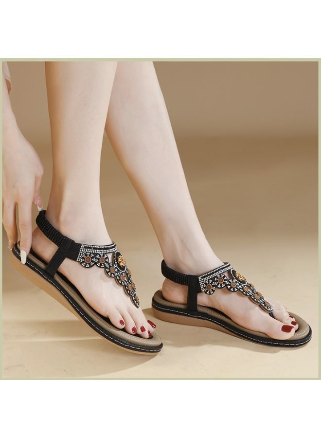 NIBEMINENT Women's Sandals Summer Casual Non-Slip PU Soft  Diamond String Bead Bohemia Beach  Shoes Woman Flat Heels Ladies - Image 2