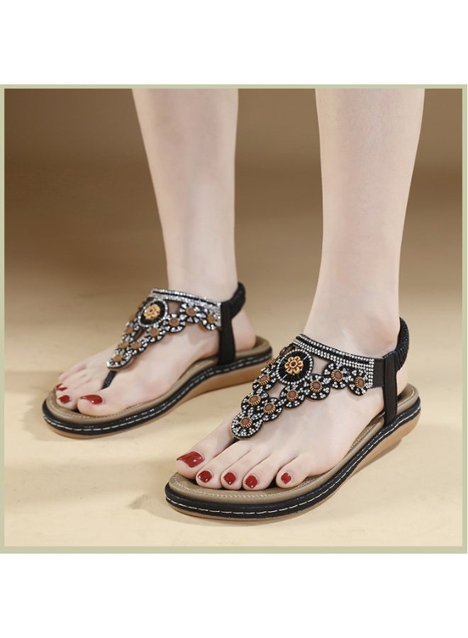 NIBEMINENT Women's Sandals Summer Casual Non-Slip PU Soft  Diamond String Bead Bohemia Beach  Shoes Woman Flat Heels Ladies - Image 3