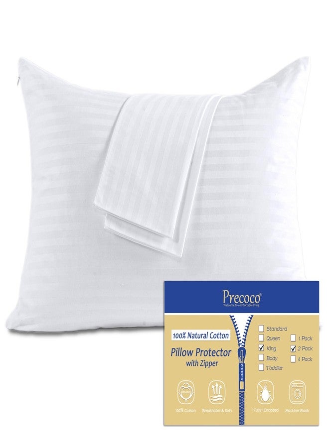Precoco 100% Cotton King Pillow Protectors with Zipper, White Pillow Cases King Size Set of 2 for Home & Hotel, Sateen Soft Cooling Hidden Zippered Pillow Case Protector for Hair & Skin, 20x36 in - Image 1