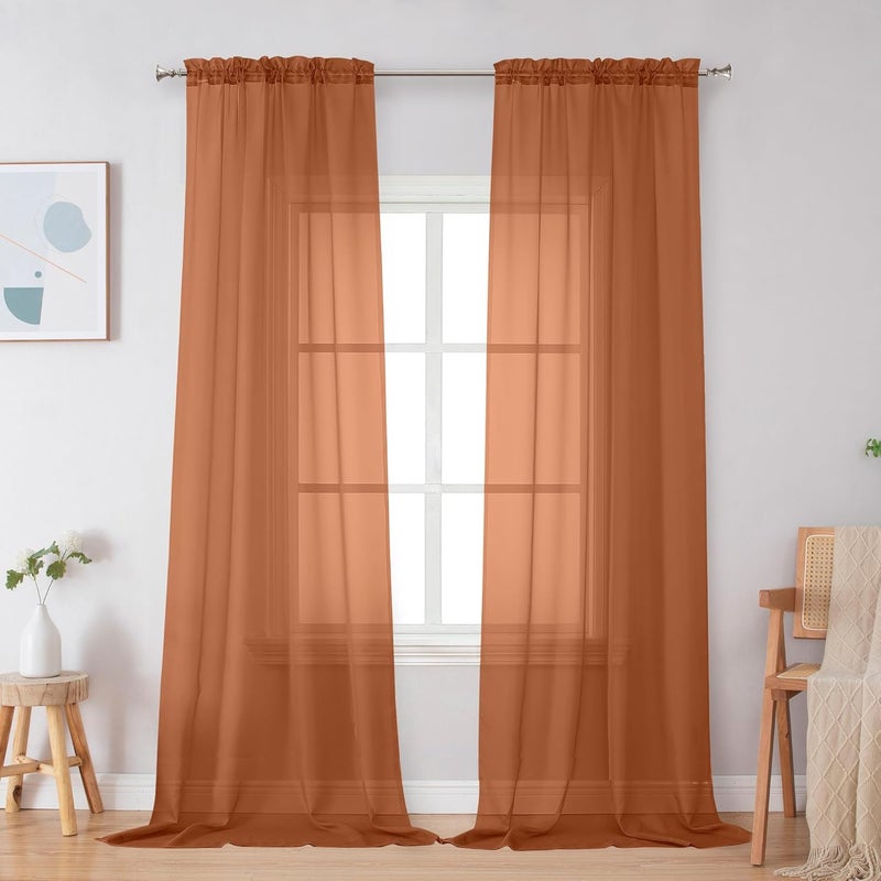 SimpleBrand Orange Sheer Curtains 96 Inches Long, Light Filtering Rod Pocket Solid Color Window Sheer Curtain Panels, Elegant Curtains & Drapes for Living Room, Bedroom 2 Panels, 42" W x 96" L - Image 1