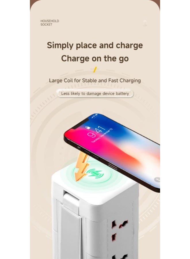 Tower Power Strip with  Wireless Charger, 6FT Flat Plug Extension Cord with Multiple Outlets, 8 AC Outlets, 2 USB Ports , 1 type-C Ports ,Charging Station Surge Protector for Office Home Dorm Room (White) - Image 3