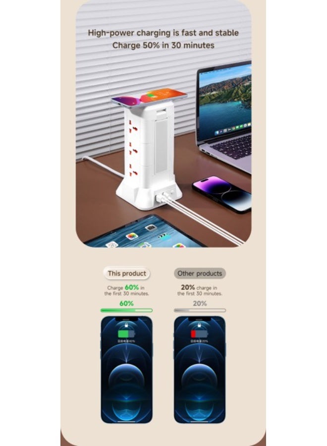 Tower Power Strip with  Wireless Charger, 6FT Flat Plug Extension Cord with Multiple Outlets, 8 AC Outlets, 2 USB Ports , 1 type-C Ports ,Charging Station Surge Protector for Office Home Dorm Room (White) - Image 4