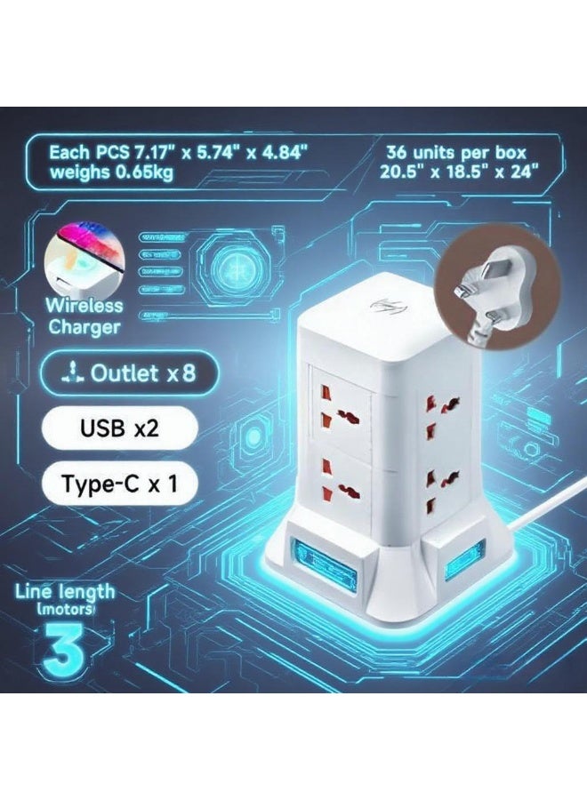 Tower Power Strip with  Wireless Charger, 6FT Flat Plug Extension Cord with Multiple Outlets, 8 AC Outlets, 2 USB Ports , 1 type-C Ports ,Charging Station Surge Protector for Office Home Dorm Room (White) - Image 1