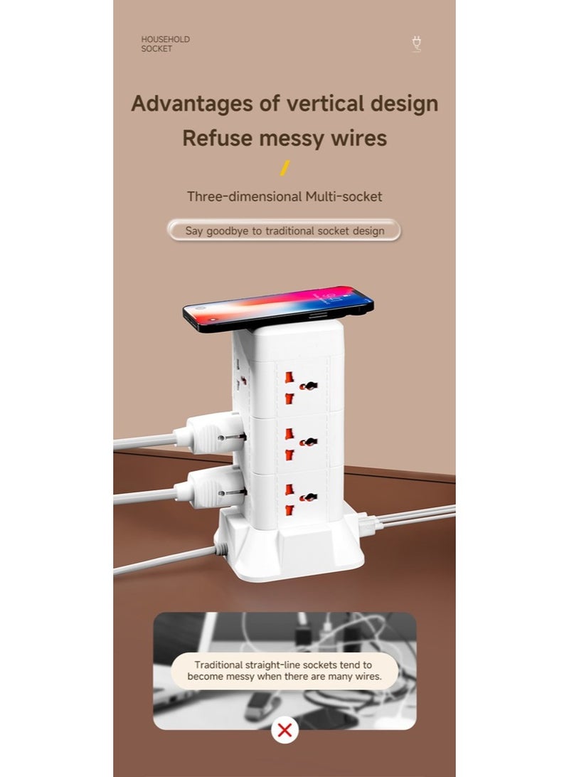 Tower Power Strip with  Wireless Charger, 6FT Flat Plug Extension Cord with Multiple Outlets, 8 AC Outlets, 2 USB Ports , 1 type-C Ports ,Charging Station Surge Protector for Office Home Dorm Room (White) - Image 2