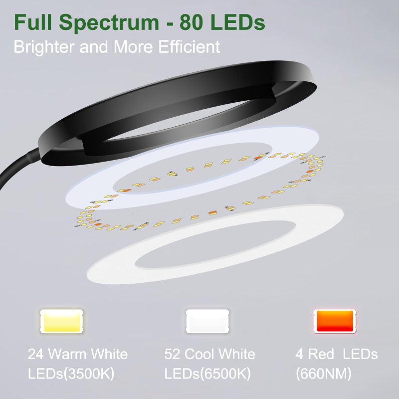 Wolezek Grow Lights for Indoor Plants Full Spectrum, 80 LEDs 3 Colors Grow Light, 65in Large Plant Lights for Indoor Growing with 360Â°Gooseneck, 6/12/16H Timer, 5 Brightness, Height Adjustable, Black - Image 2