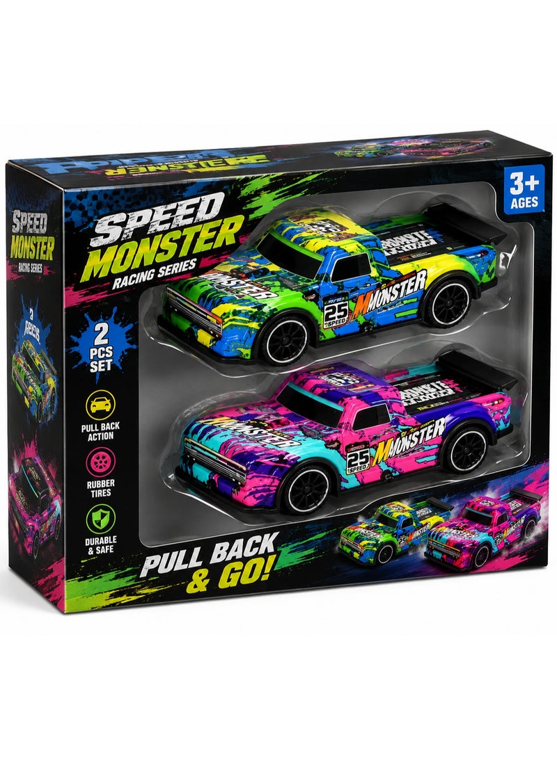 Speed Monster Racing Series Pull Back Toy Cars with Lights & Music, 2-Piece Set