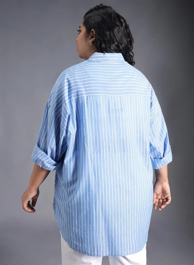 HIGH STAR Women's Blue 100% Cotton Striped Button Down Oversized Shirt